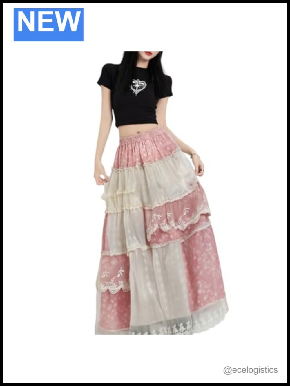 Y2K Patchwork Lace Midi Skirt High Waist Slimming Floral